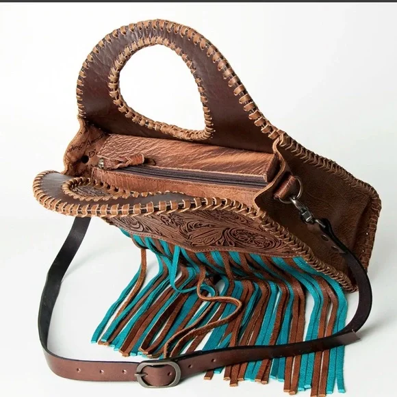 Western Bag Genuine Tooled Leather Brown & Teal Handcrafted Fringe Bag Cowgirl 🔥 - Picture 4 of 4